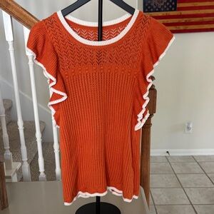 Orange Knit Ruffle Sleeve Sweater with White Trim